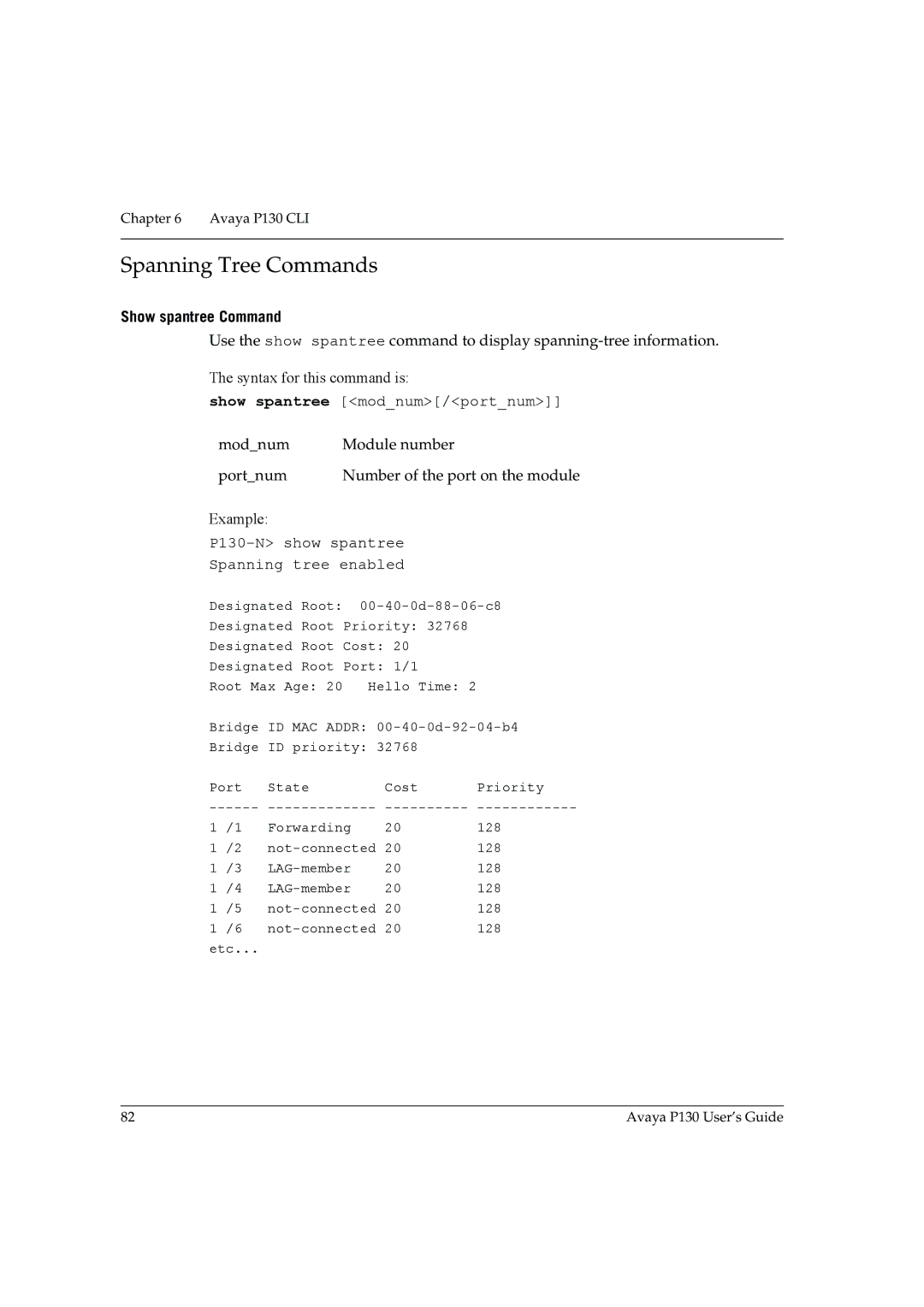 Avaya P130 manual Spanning Tree Commands, Show spantree Command, Show spantree modnum/portnum 