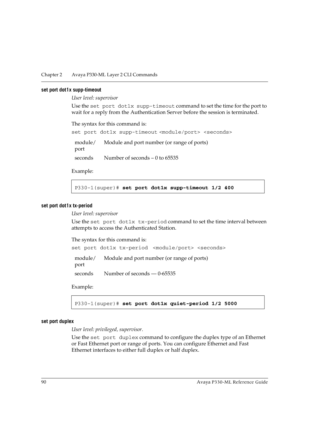 Avaya P330-ML-ML manual Set port dot1x supp-timeout, P330-1super#set port dot1x supp-timeout 1/2, Set port dot1x tx-period 