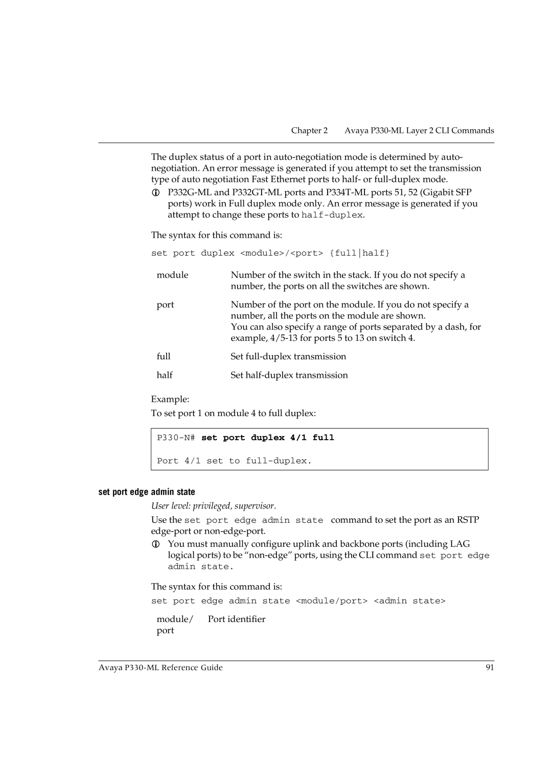 Avaya P330-ML-ML manual P330-N#set port duplex 4/1 full, Set port edge admin state 