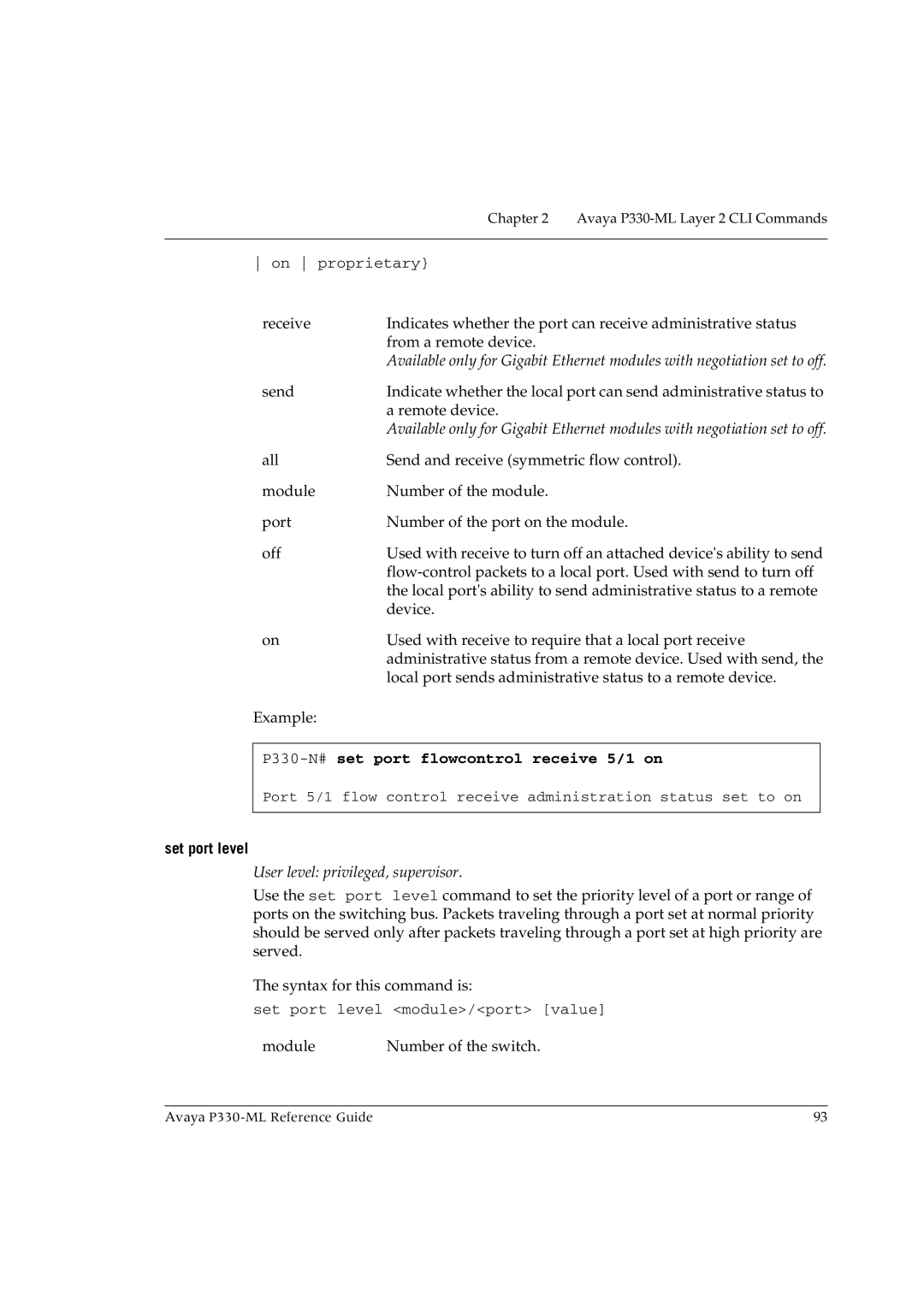 Avaya P330-ML-ML manual P330-N#set port flowcontrol receive 5/1 on, Set port level 