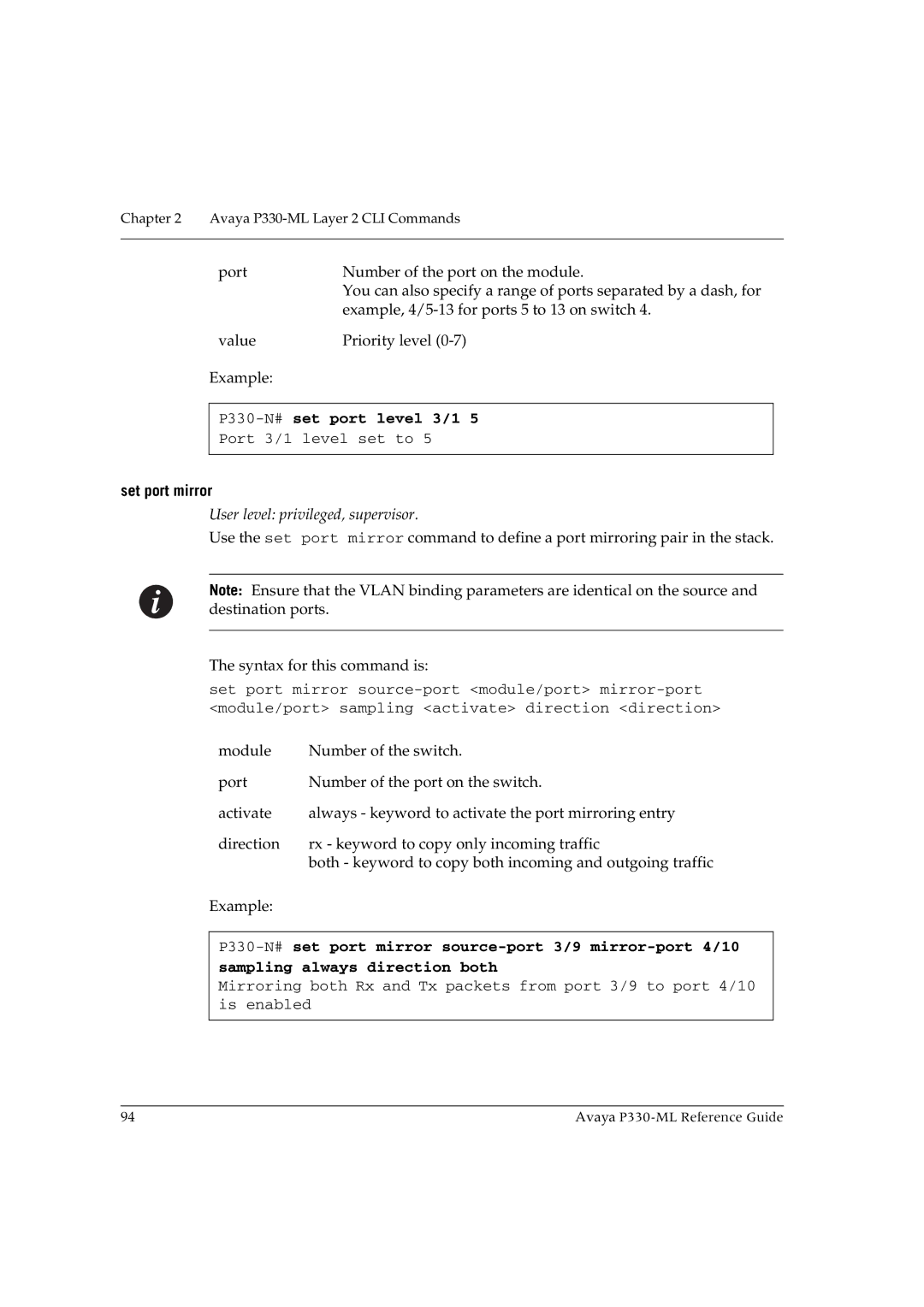 Avaya P330-ML-ML manual P330-N#set port level 3/1, Set port mirror 