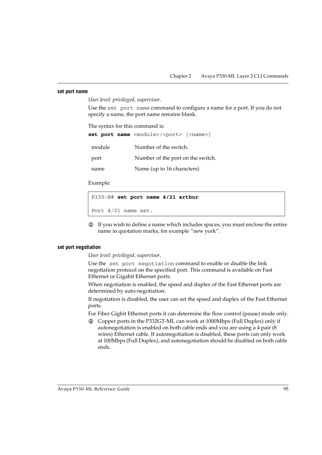 Avaya P330-ML-ML manual Set port name, P330-N#set port name 4/21 arthur, Set port negotiation 