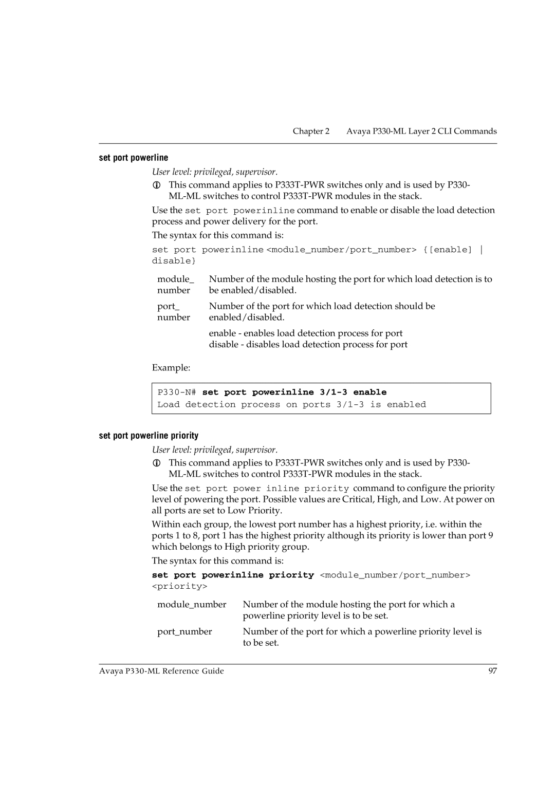 Avaya P330-ML-ML manual P330-N#set port powerinline 3/1-3 enable, Set port powerline priority 