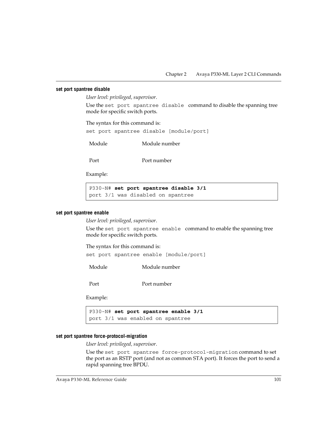 Avaya P330-ML-ML manual Set port spantree disable, Set port spantree enable, Set port spantree force-protocol-migration 