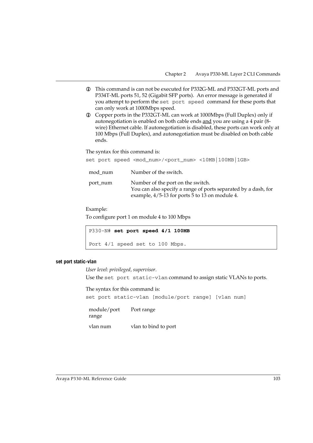 Avaya P330-ML-ML manual P330-N#set port speed 4/1 100MB, Set port static-vlan 