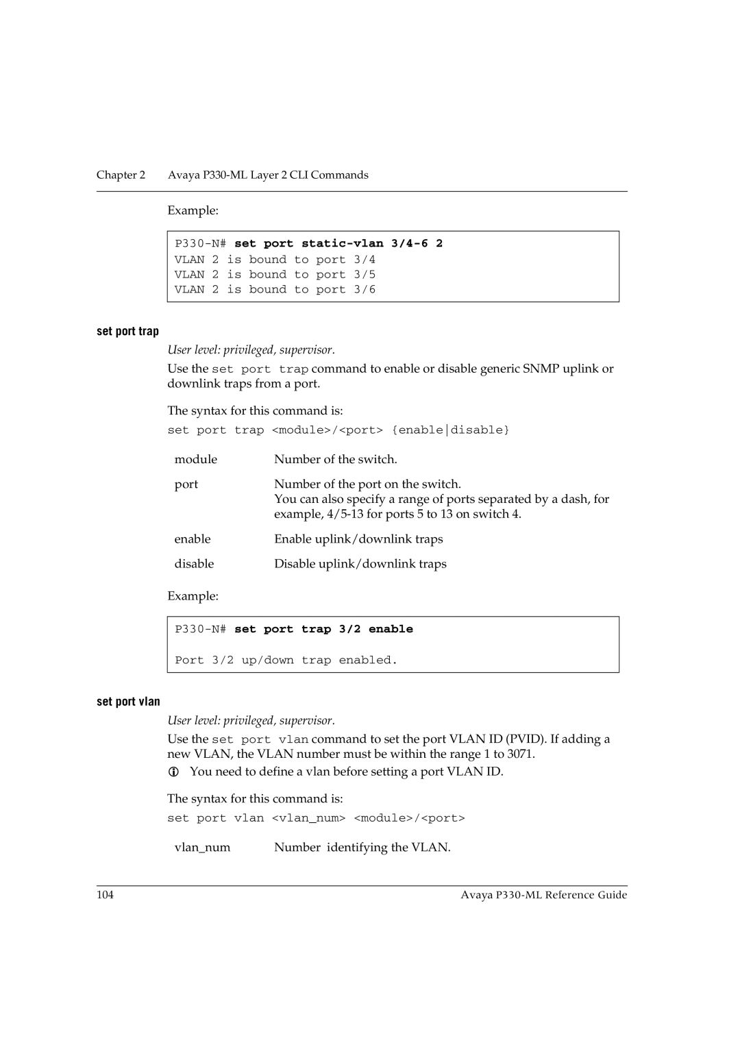 Avaya P330-ML-ML manual P330-N#set port static-vlan 3/4-6, Set port trap, P330-N#set port trap 3/2 enable, Set port vlan 