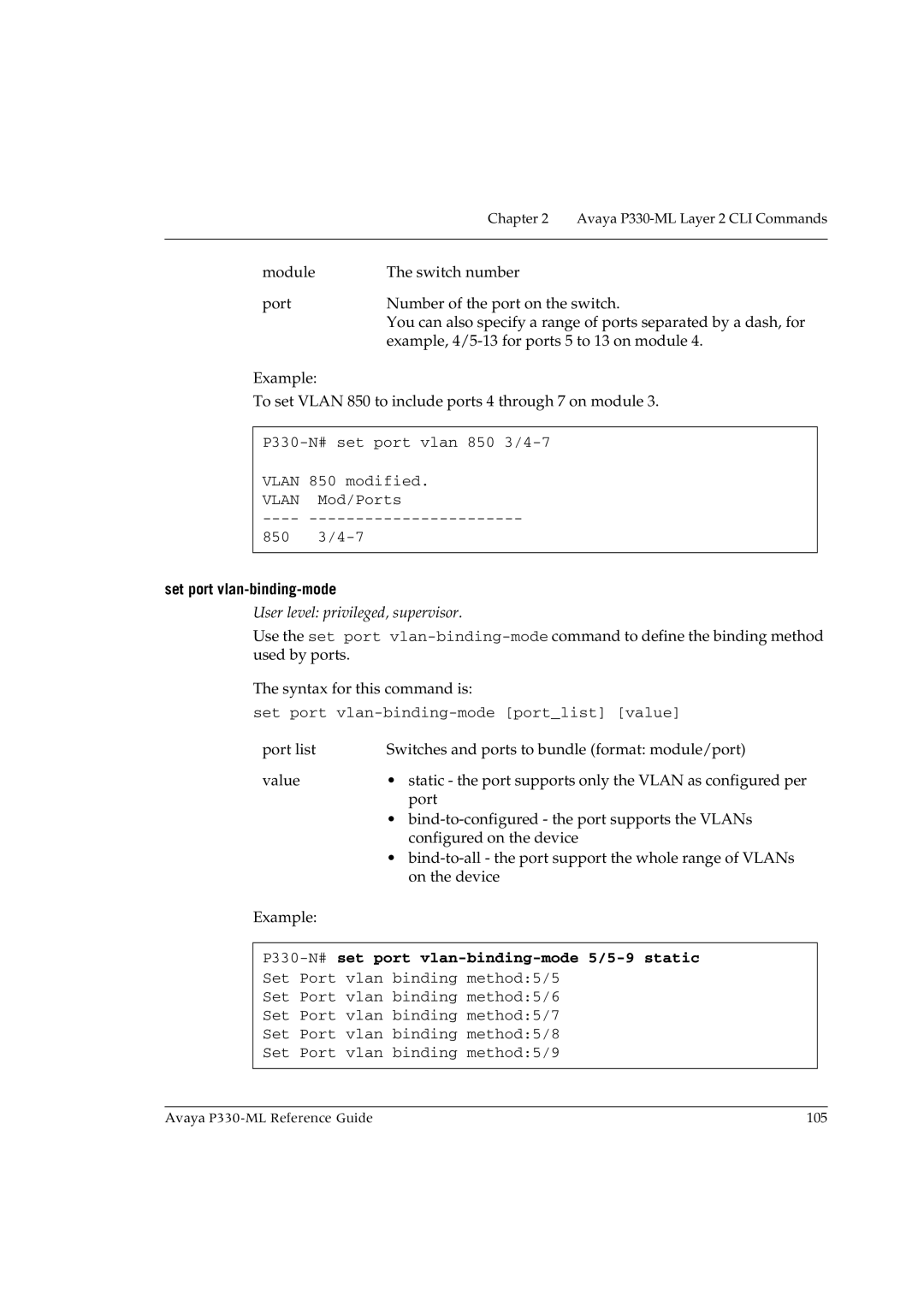 Avaya P330-ML-ML manual Set port vlan-binding-mode, P330-N#set port vlan-binding-mode 5/5-9 static 