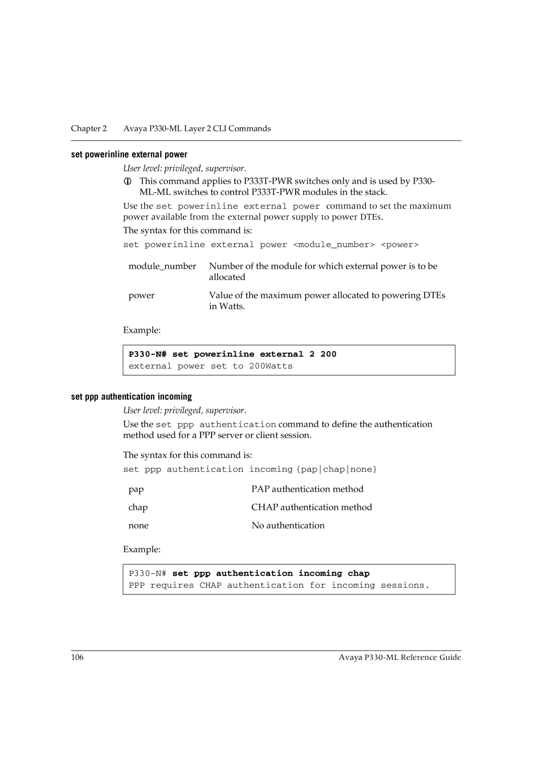 Avaya P330-ML-ML manual Set powerinline external power, P330-N# set powerinline external 2, Set ppp authentication incoming 