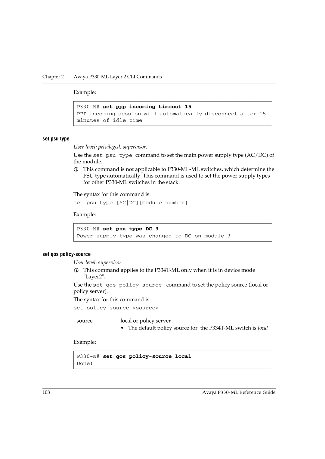 Avaya P330-ML-ML manual P330-N#set ppp incoming timeout, Set psu type, P330-N#set psu type DC, Set qos policy-source 