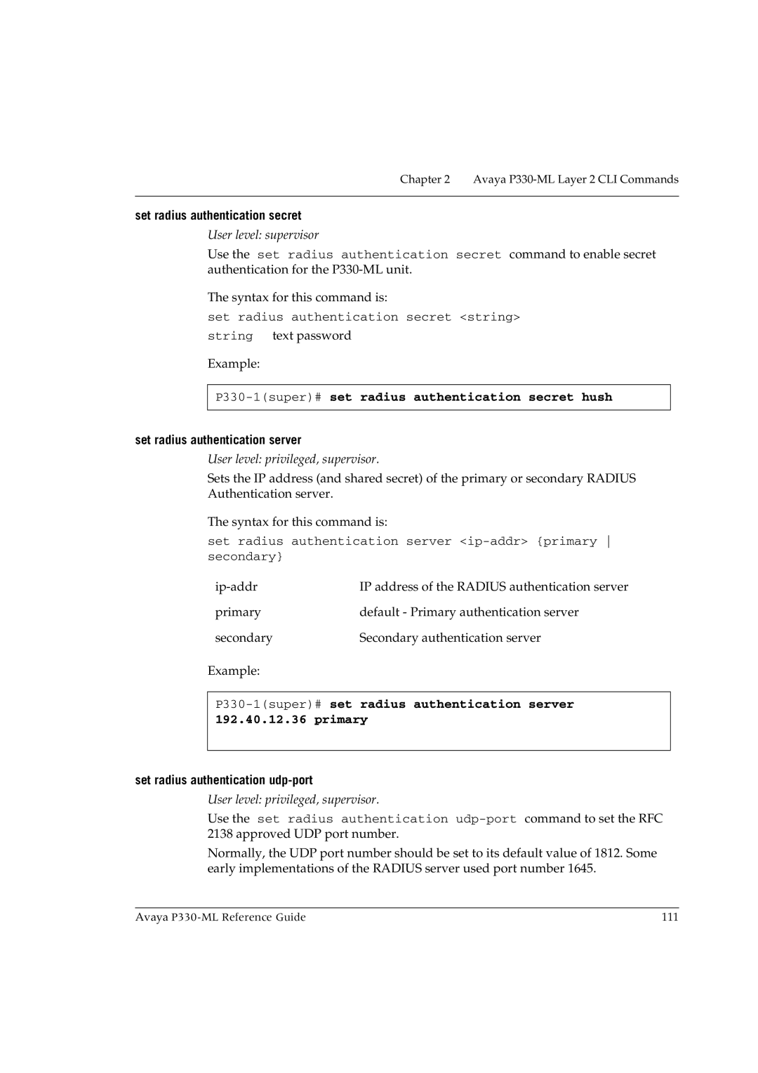 Avaya P330-ML-ML manual Set radius authentication secret, P330-1super#set radius authentication secret hush 