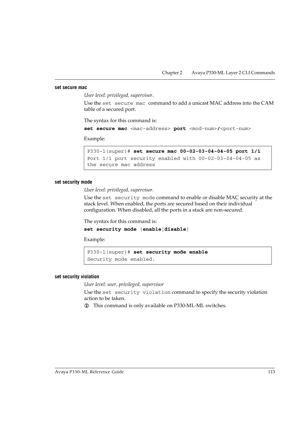 Avaya P330-ML-ML manual P330-1super#set secure mac 00-02-03-04-04-05 port 1/1, Set security mode enabledisable 