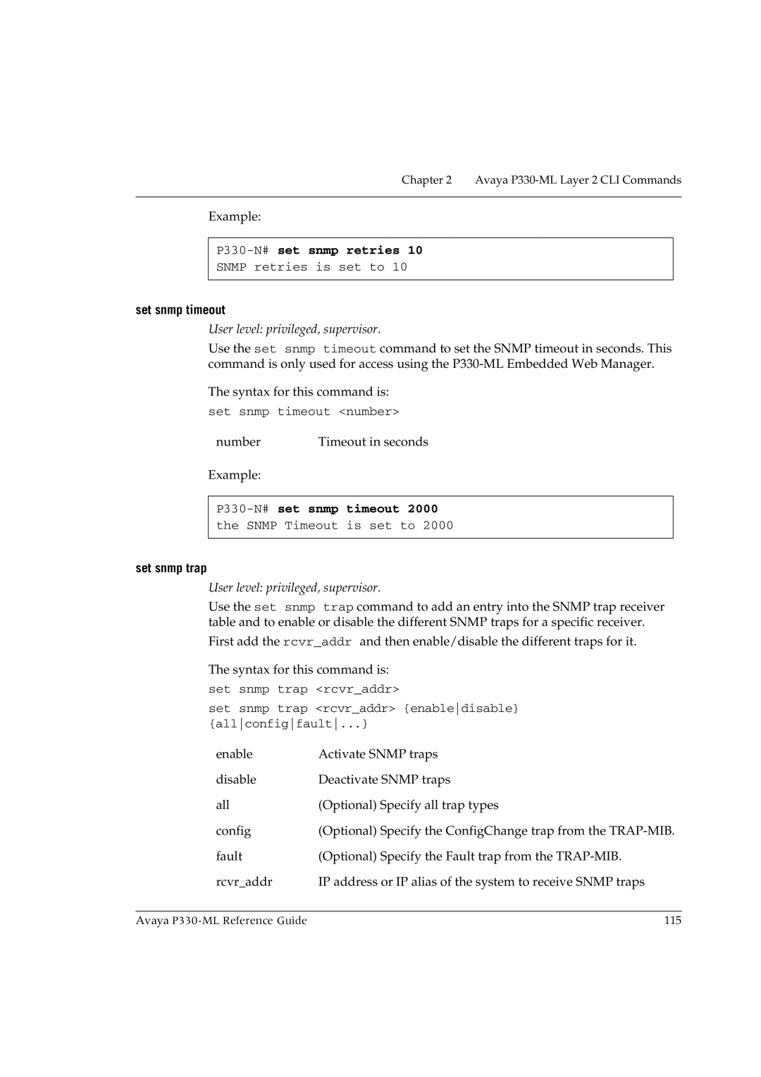 Avaya P330-ML-ML manual P330-N#set snmp retries, Set snmp timeout, P330-N#set snmp timeout, Set snmp trap 