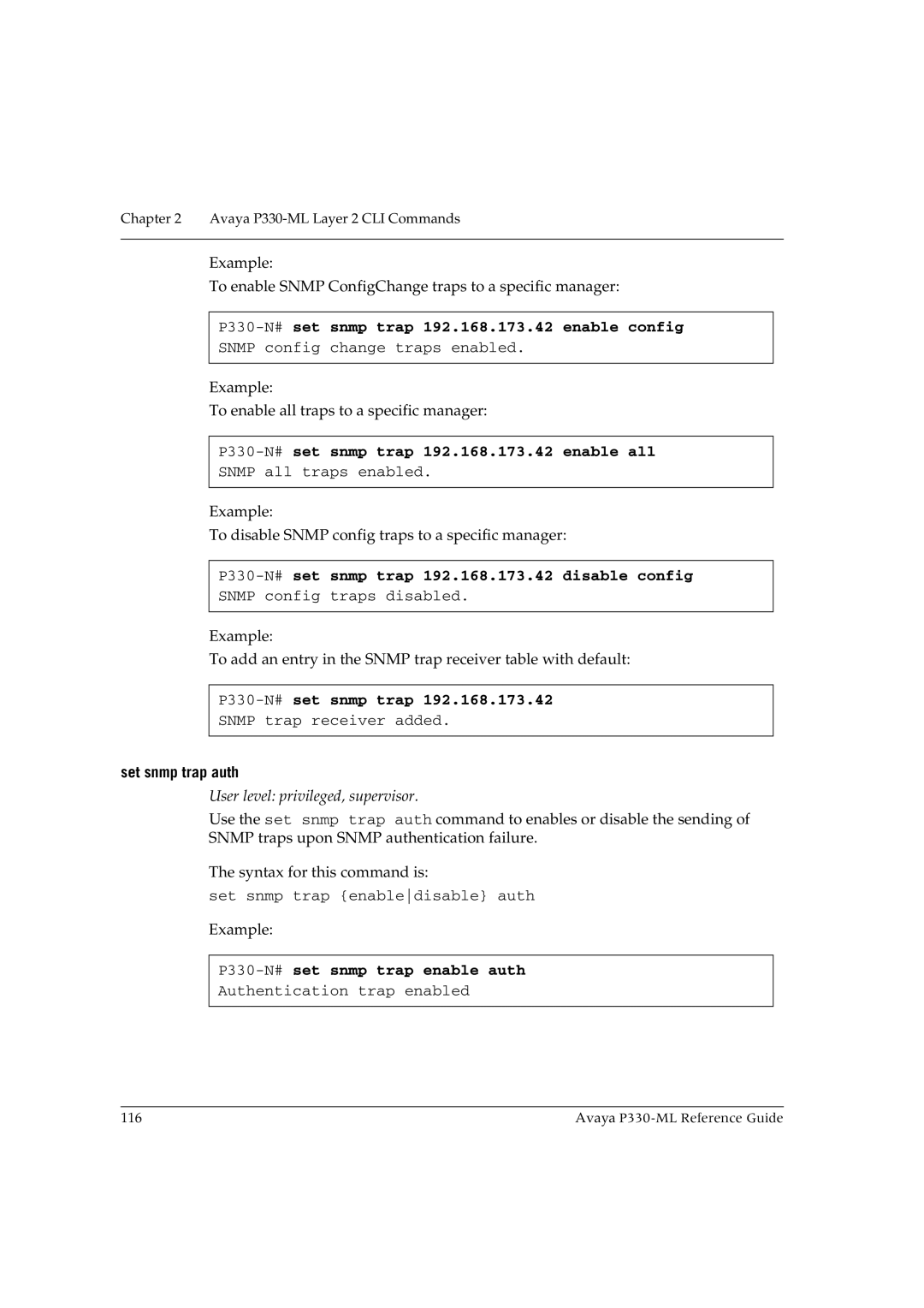 Avaya P330-ML-ML manual P330-N#set snmp trap 192.168.173.42 enable config, P330-N#set snmp trap 192.168.173.42 enable all 