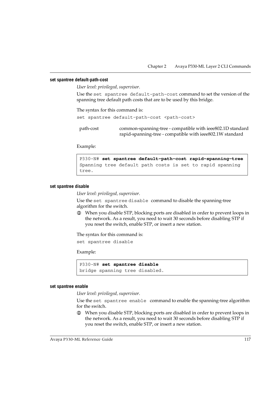 Avaya P330-ML-ML manual Set spantree default-path-cost, P330-N#set spantree default-path-cost rapid-spanning-tree 