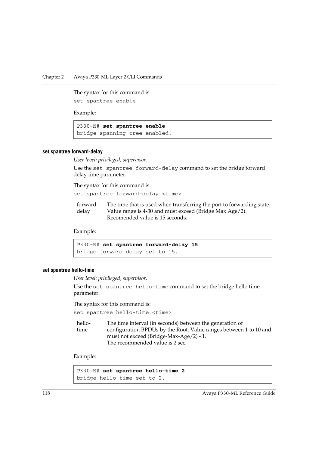 Avaya P330-ML-ML manual P330-N#set spantree enable, Set spantree forward-delay, Set spantree hello-time 