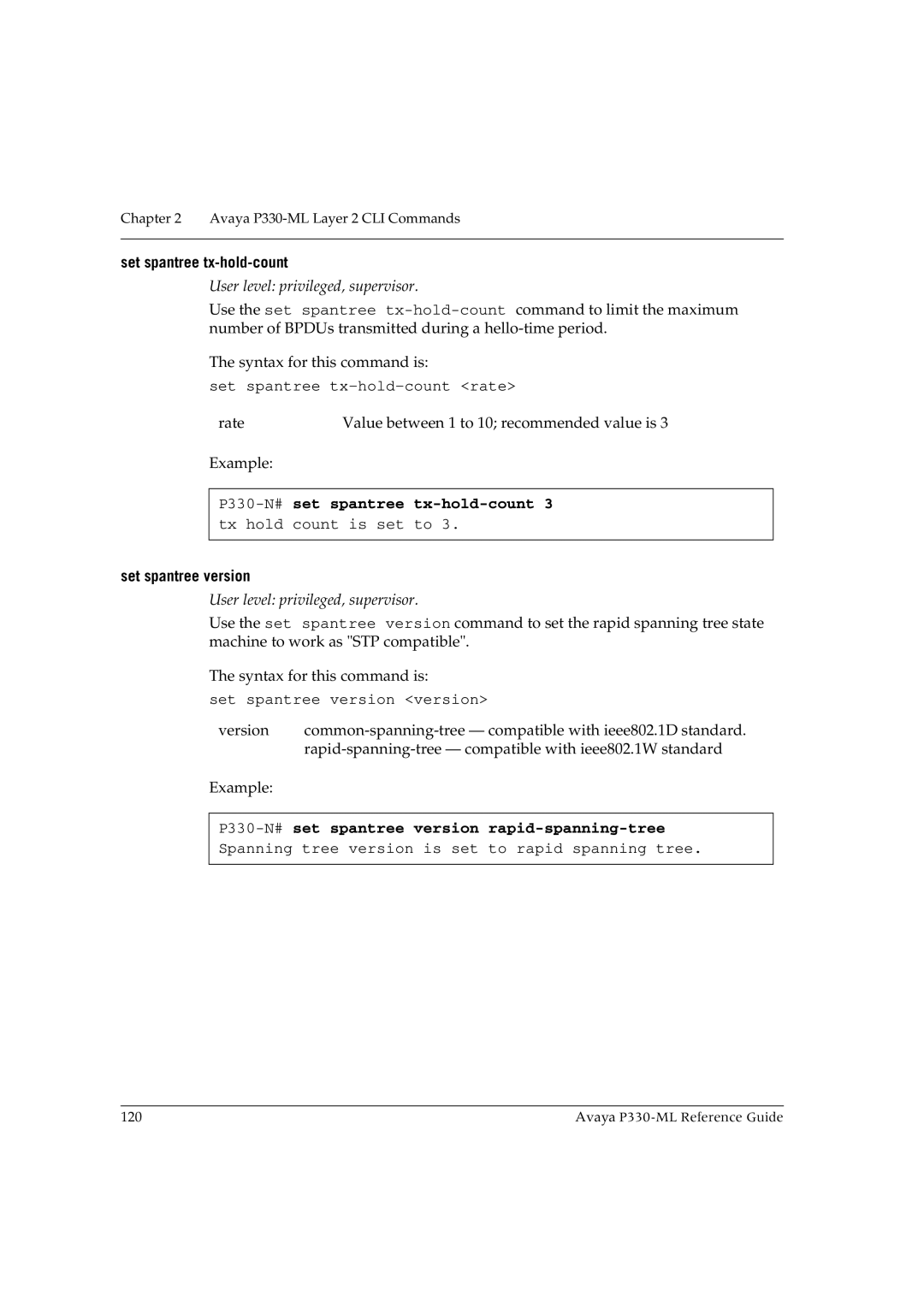 Avaya P330-ML-ML manual Set spantree tx-hold-count, P330-N#set spantree tx-hold-count, Set spantree version 