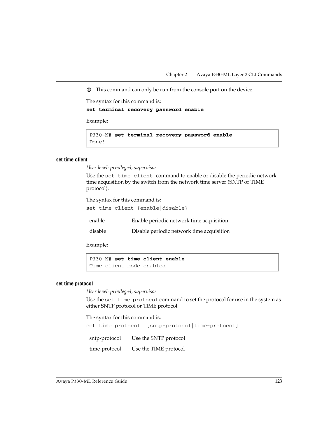 Avaya P330-ML-ML Set terminal recovery password enable, P330-N#set terminal recovery password enable, Set time client 