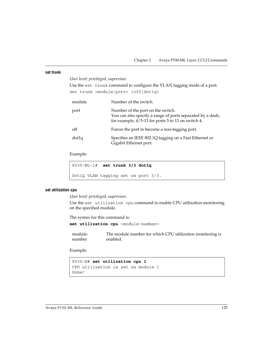 Avaya P330-ML-ML manual Set trunk 3/3 dot1q, Set utilization cpu module-number, P330-N#set utilization cpu 