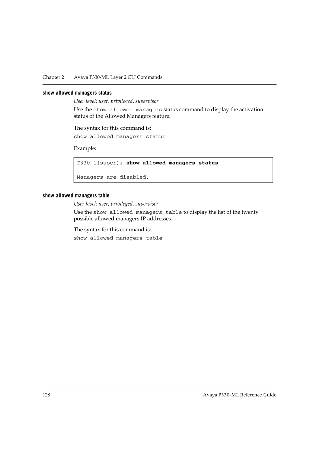 Avaya P330-ML-ML manual Show allowed managers status, P330-1super#show allowed managers status, Show allowed managers table 