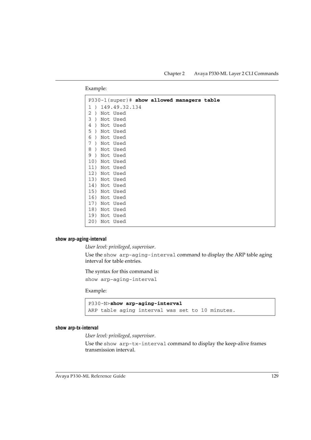 Avaya P330-ML-ML manual P330-1super#show allowed managers table, Show arp-aging-interval, P330-Nshow arp-aging-interval 