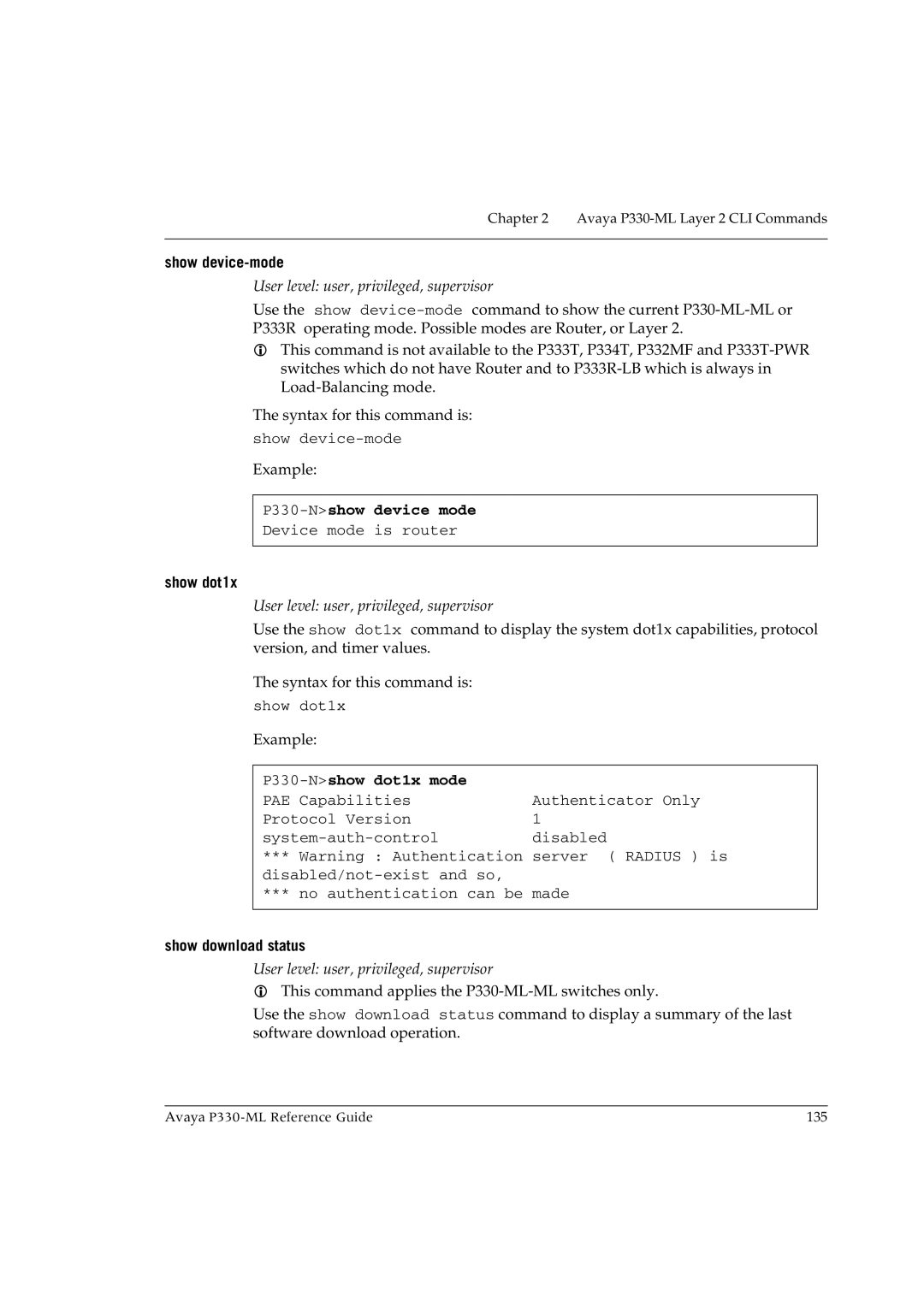 Avaya P330-ML-ML manual Show device-mode, P330-Nshow device mode, Show dot1x, P330-Nshow dot1x mode, Show download status 