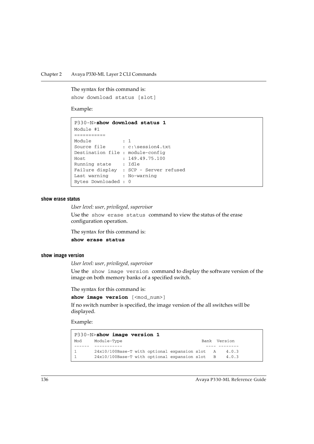 Avaya P330-ML-ML manual P330-Nshow download status, Show erase status, Show image version modnum, P330-Nshow image version 