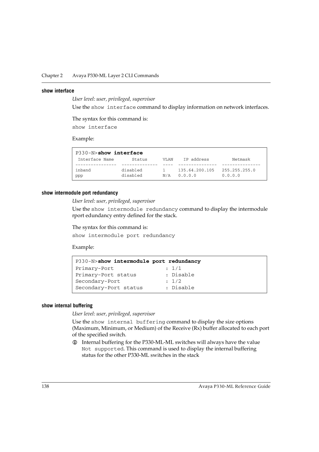 Avaya P330-ML-ML manual Show interface, P330-Nshow interface, Show intermodule port redundancy, Show internal buffering 