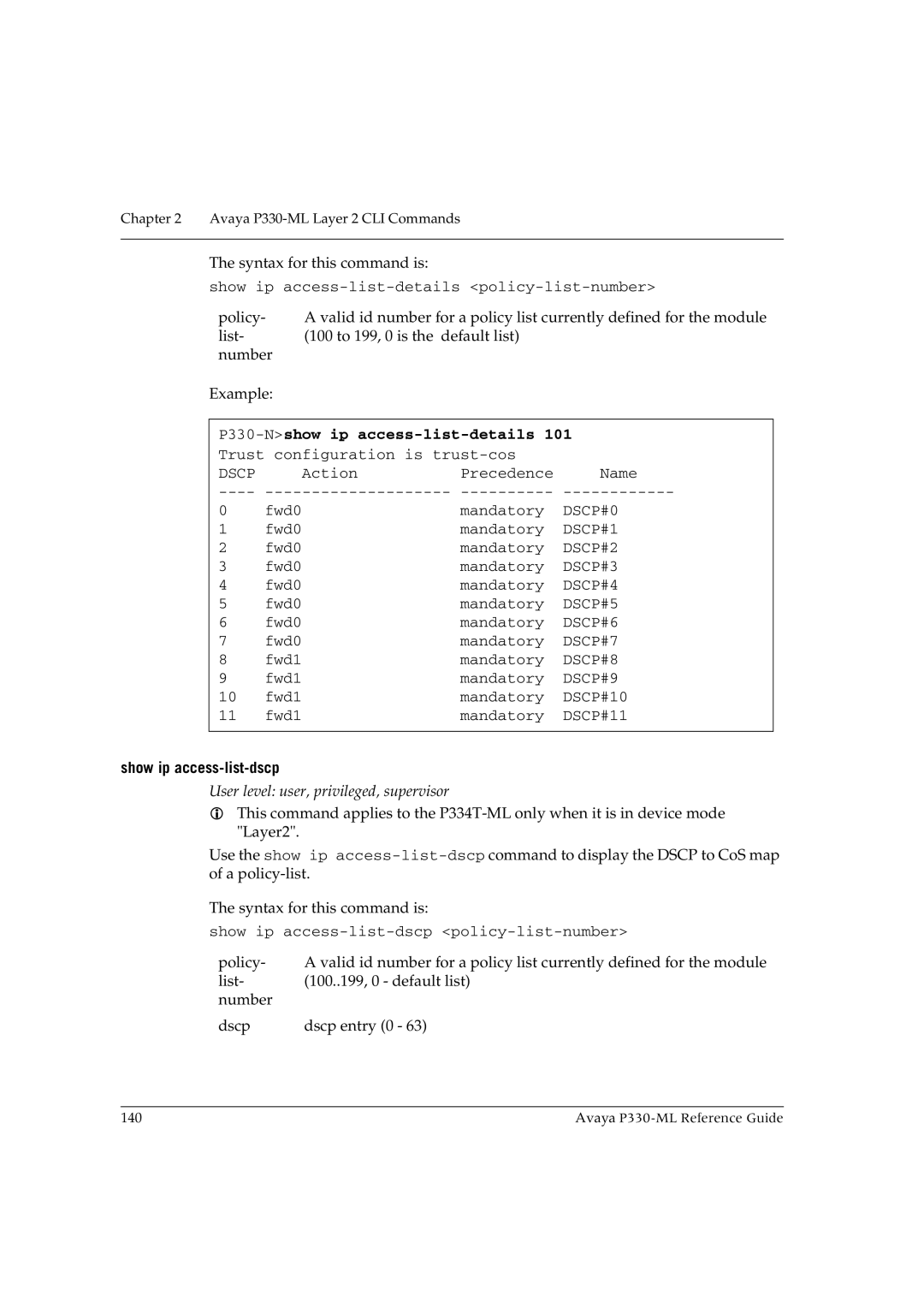 Avaya P330-ML-ML manual P330-Nshow ip access-list-details, Show ip access-list-dscp 