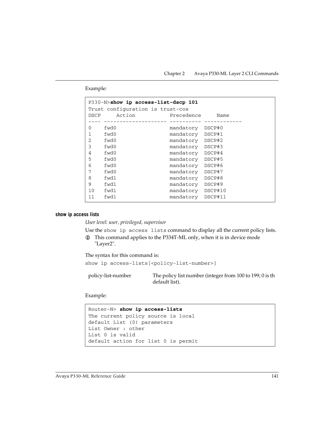 Avaya P330-ML-ML manual P330-Nshow ip access-list-dscp, Show ip access lists, Router-Nshow ip access-lists 