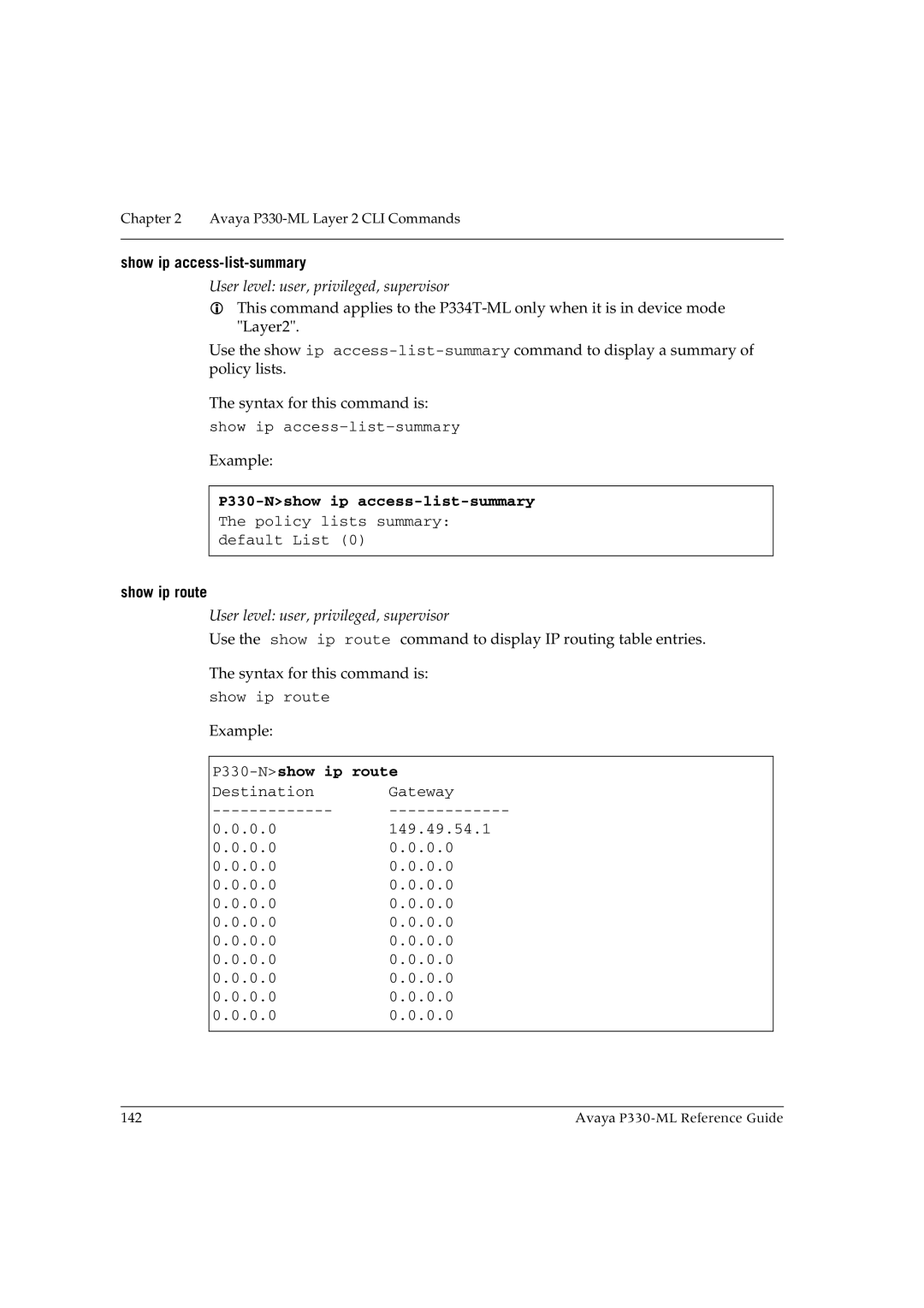 Avaya P330-ML-ML manual Show ip access-list-summary, P330-Nshow ip access-list-summary, Show ip route, P330-Nshow ip route 