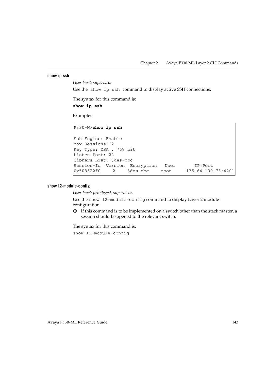 Avaya P330-ML-ML manual Show ip ssh, P330-Nshow ip ssh, Show l2-module-config 