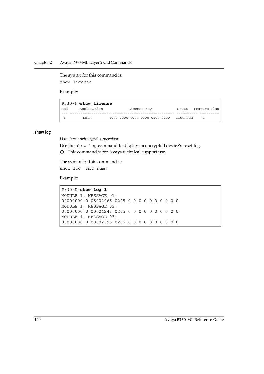 Avaya P330-ML-ML manual P330-Nshow license, Show log, P330-Nshow log 