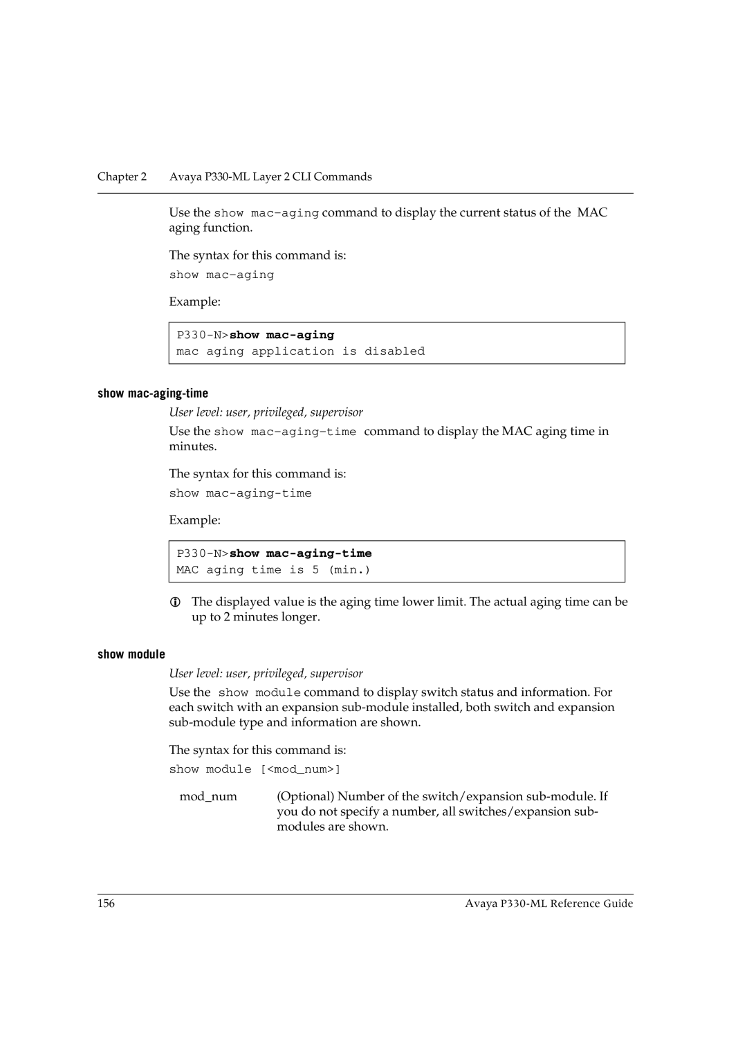 Avaya P330-ML-ML manual Show mac-aging-time, P330-Nshow mac-aging-time, Show module 