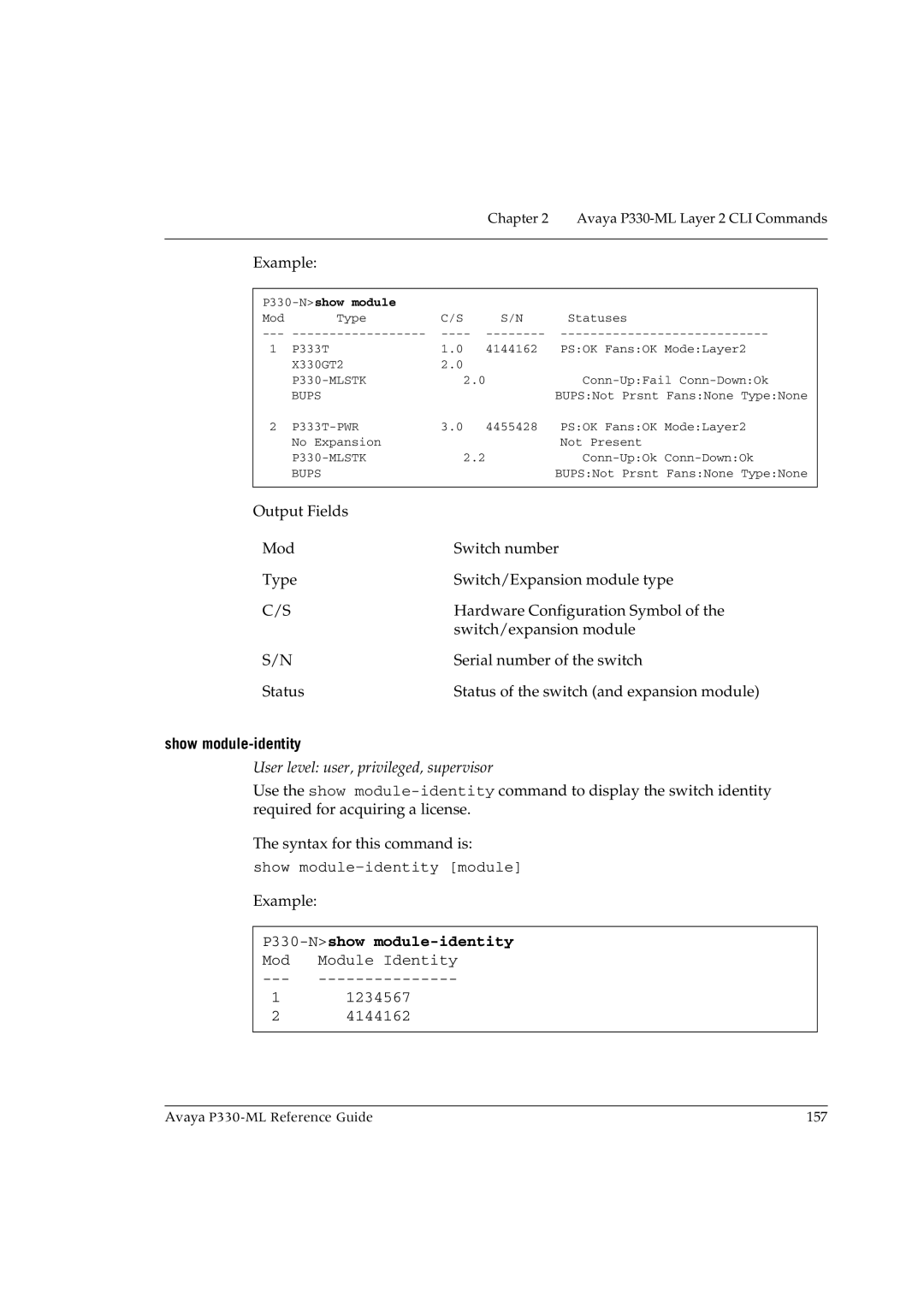 Avaya P330-ML-ML manual Show module-identity, P330-Nshow module-identity 