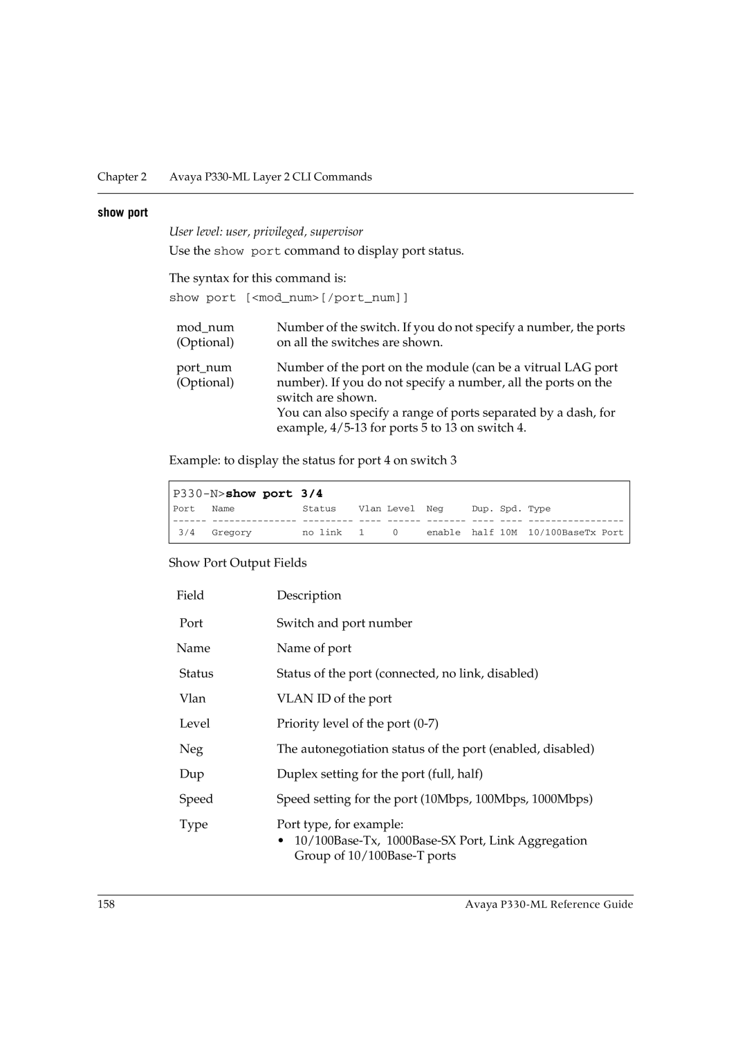 Avaya P330-ML-ML manual Show port, P330-Nshow port 3/4 