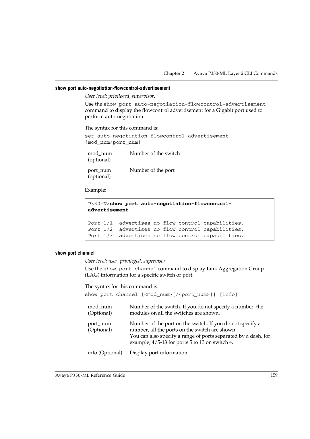 Avaya P330-ML-ML manual Show port auto-negotiation-flowcontrol-advertisement, Show port channel 