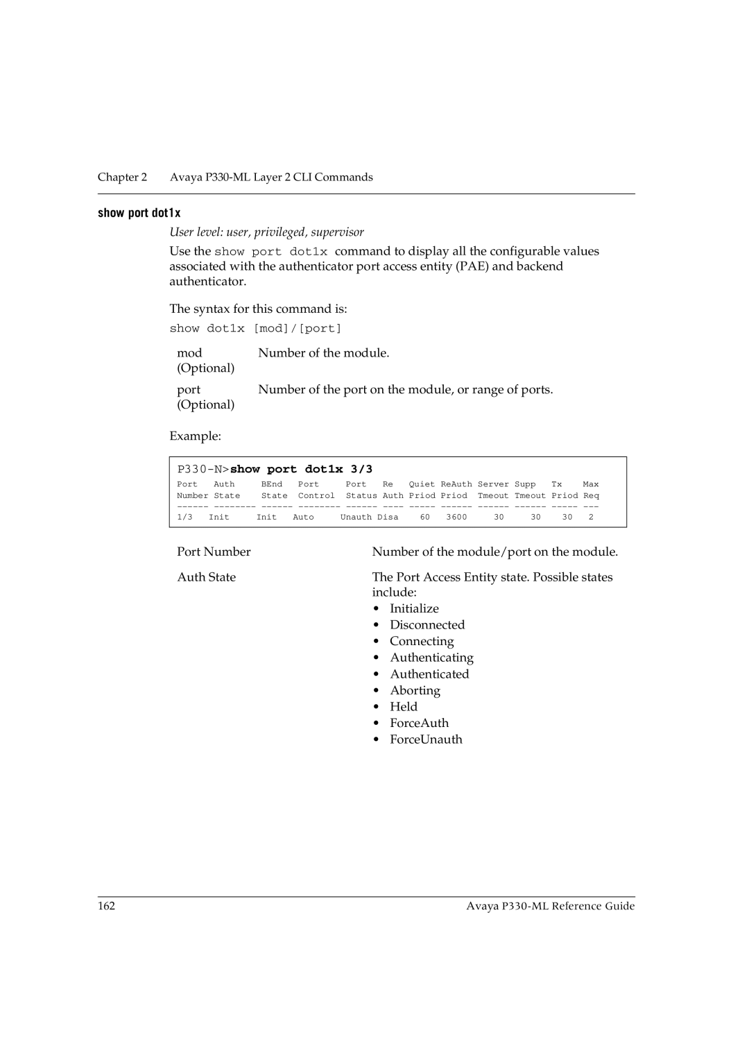 Avaya P330-ML-ML manual Show port dot1x, P330-Nshow port dot1x 3/3 