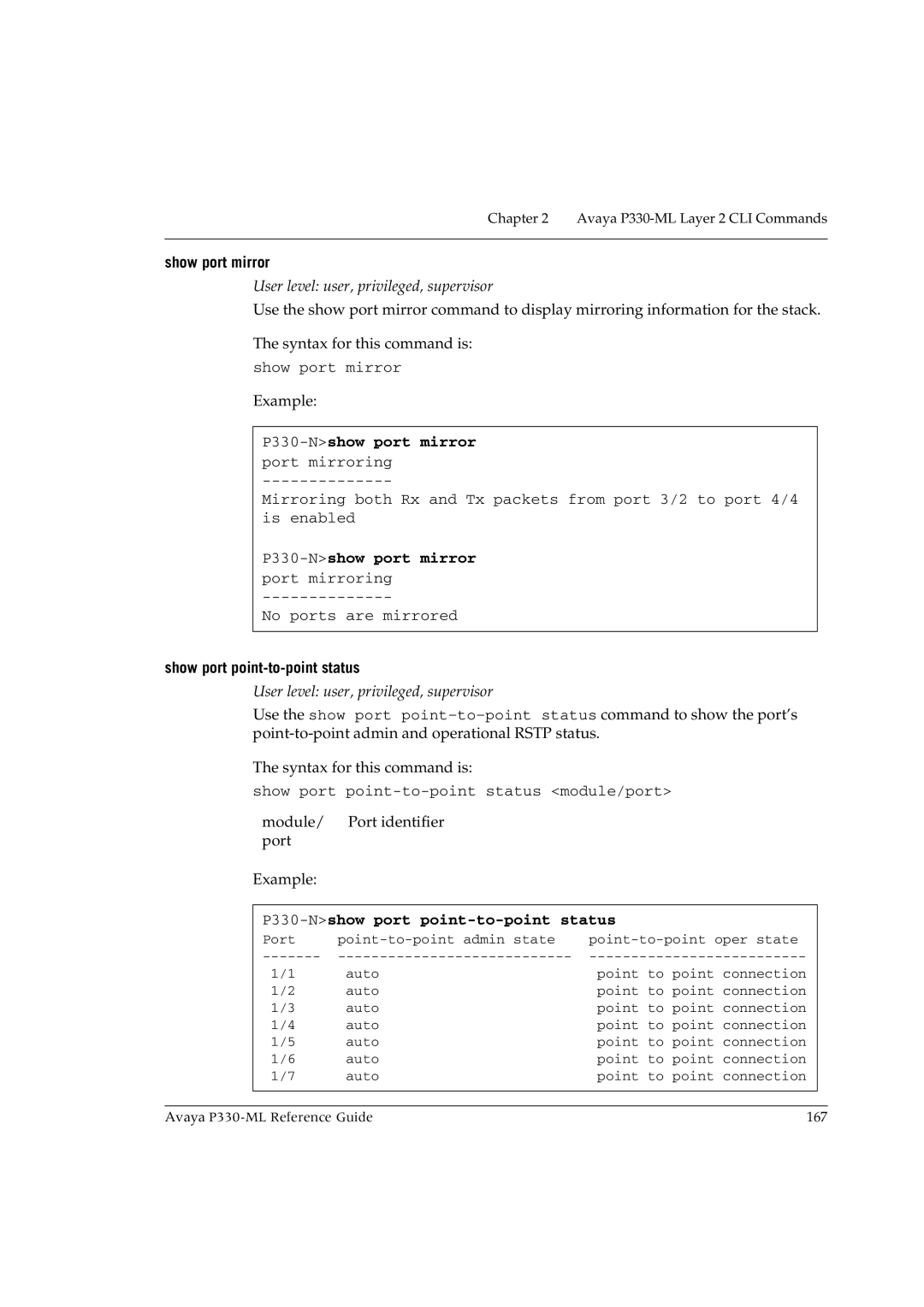 Avaya P330-ML-ML manual Show port mirror, P330-Nshow port mirror port mirroring, Show port point-to-point status 