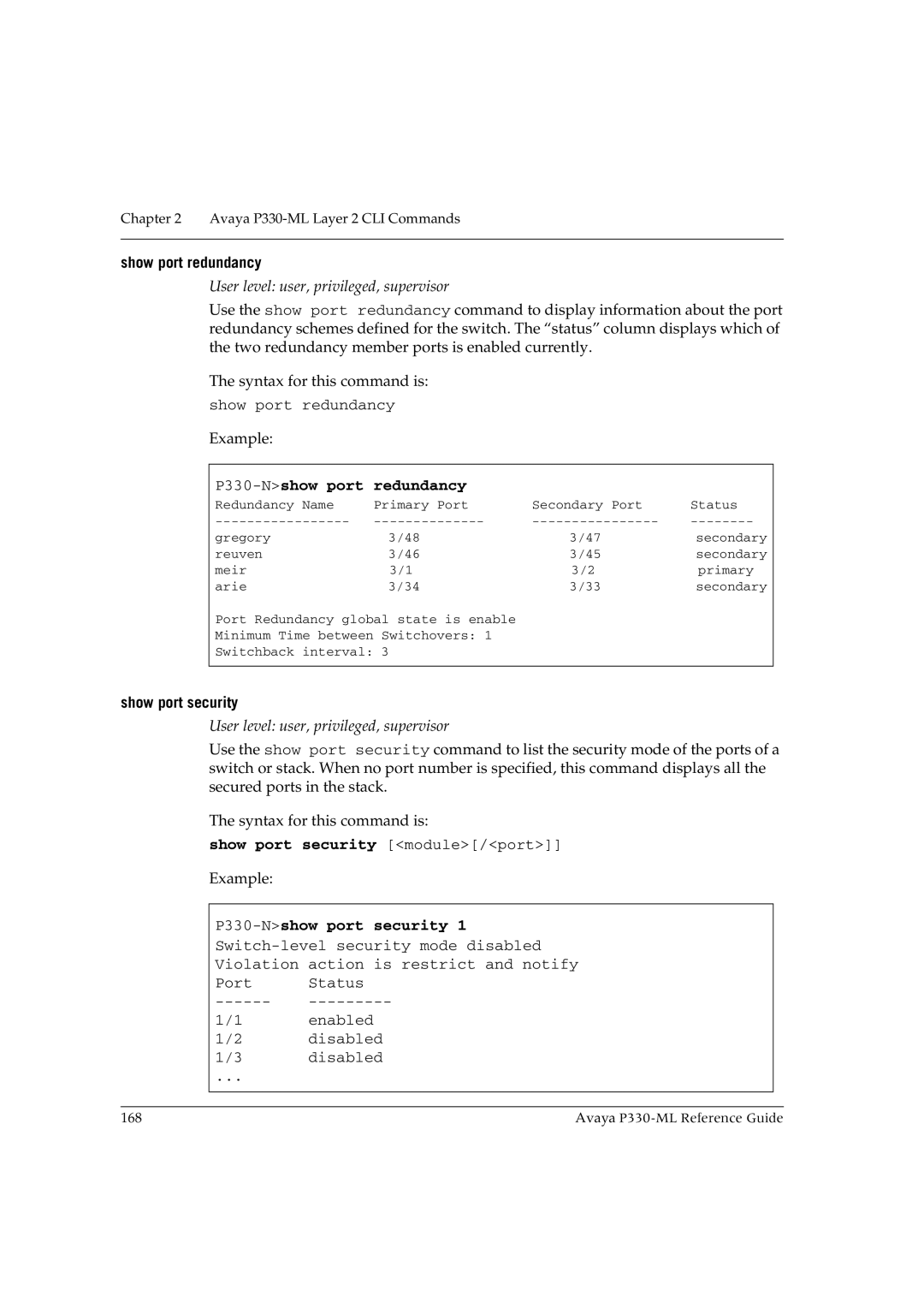 Avaya P330-ML-ML manual Show port redundancy, P330-Nshow port redundancy, Show port security module/port 