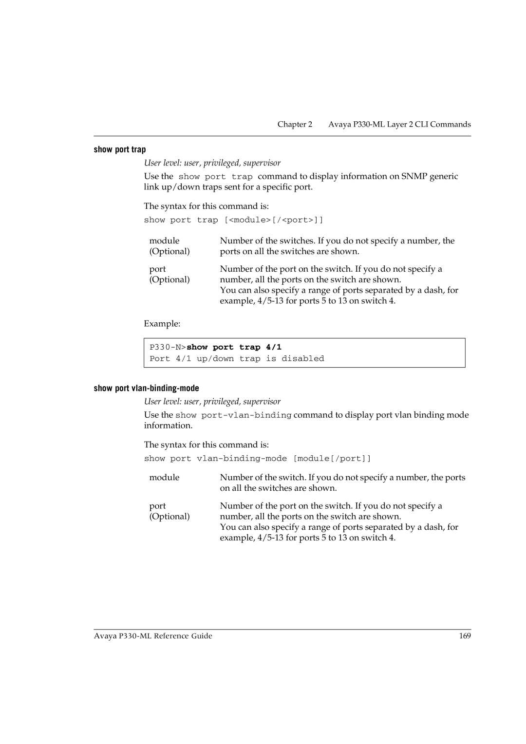 Avaya P330-ML-ML manual Show port trap, P330-Nshow port trap 4/1, Show port vlan-binding-mode 