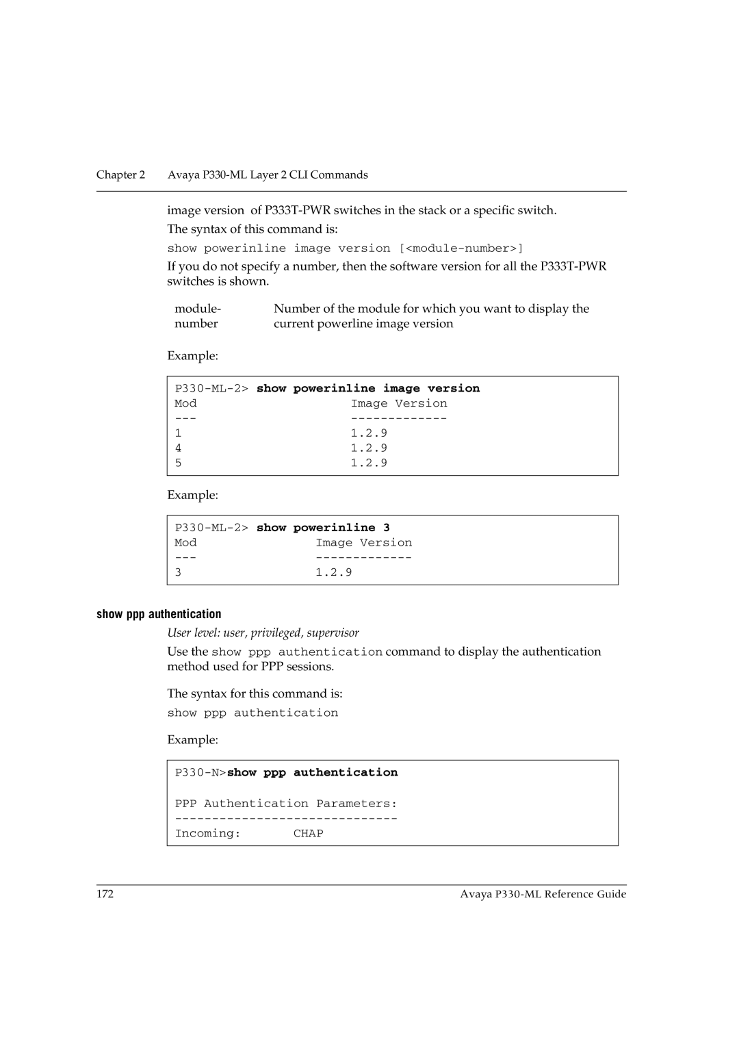 Avaya P330-ML-ML manual P330-ML-2show powerinline image version, Show ppp authentication, P330-Nshow ppp authentication 