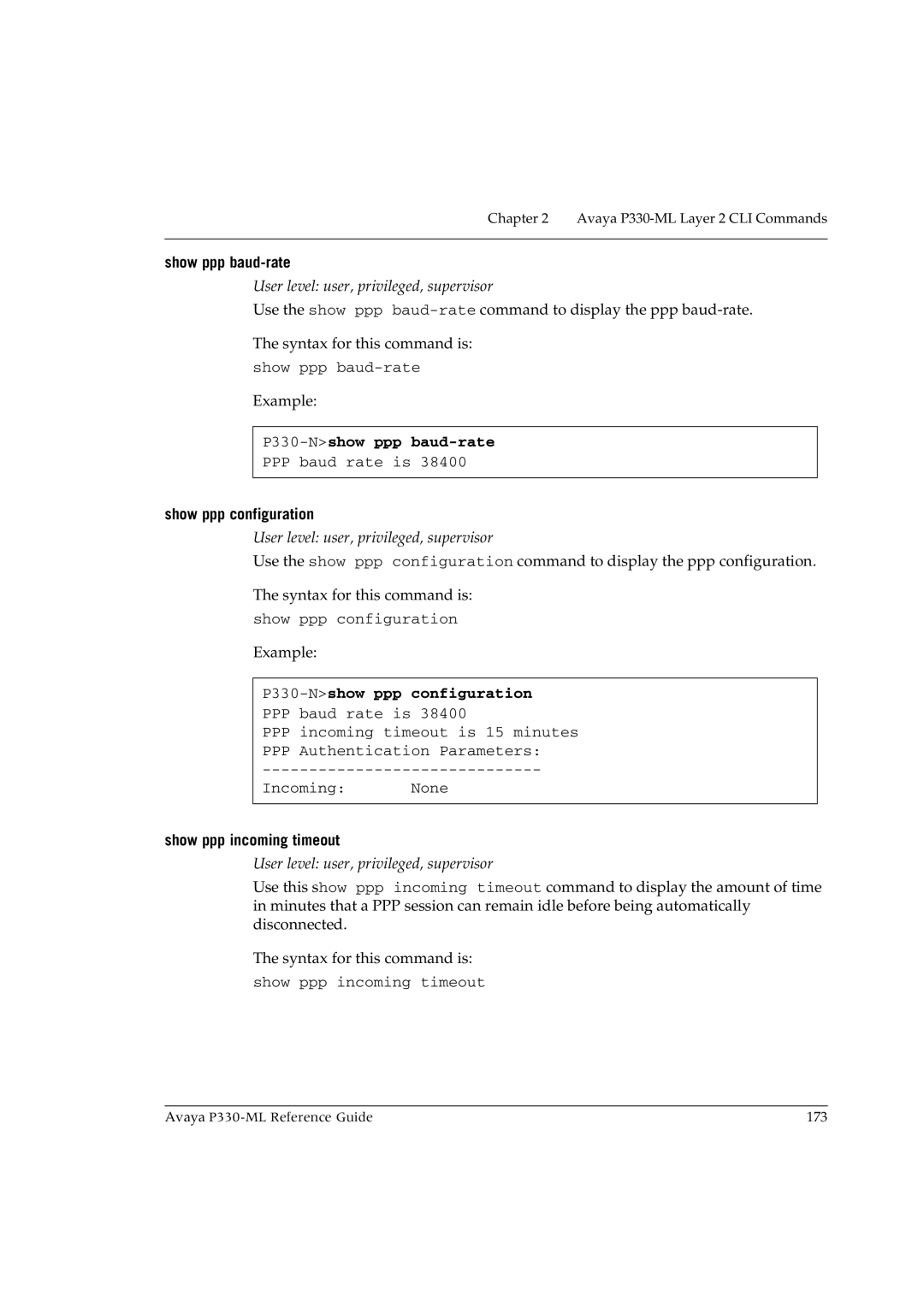 Avaya P330-ML-ML manual Show ppp baud-rate, P330-Nshow ppp baud-rate, Show ppp configuration, P330-Nshow ppp configuration 