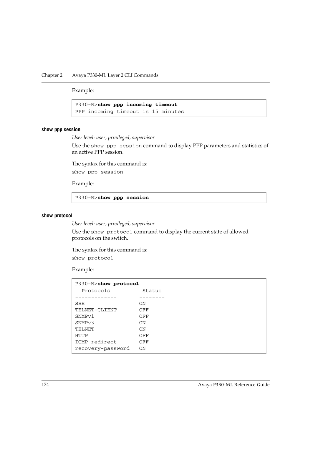 Avaya P330-ML-ML manual P330-Nshow ppp incoming timeout, Show ppp session, P330-Nshow ppp session, Show protocol 