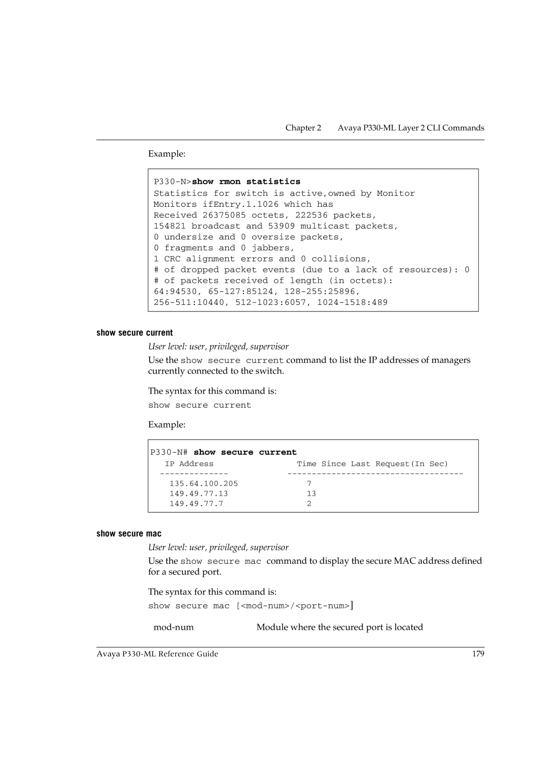 Avaya P330-ML-ML manual P330-Nshow rmon statistics, Show secure current, P330-N#show secure current, Show secure mac 