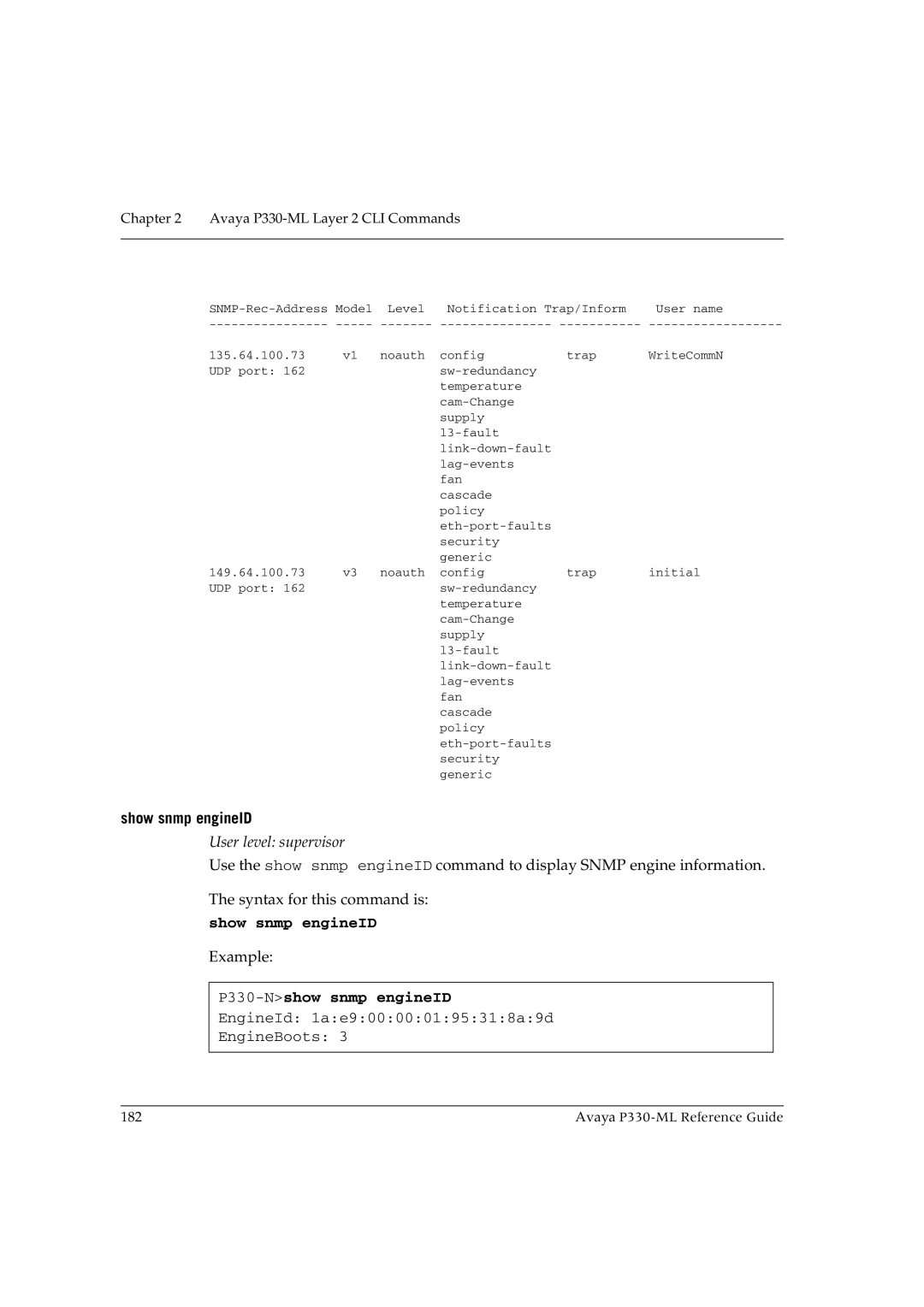 Avaya P330-ML-ML manual Show snmp engineID, P330-Nshow snmp engineID 