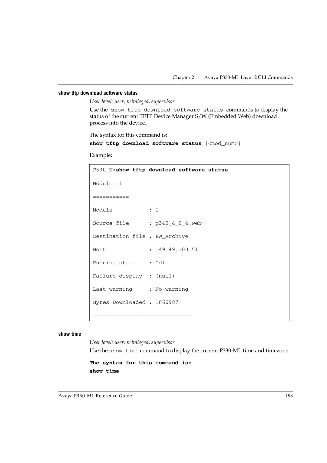 Avaya P330-ML-ML manual Show tftp download software status modnum, P330-Nshow tftp download software status, Show time 