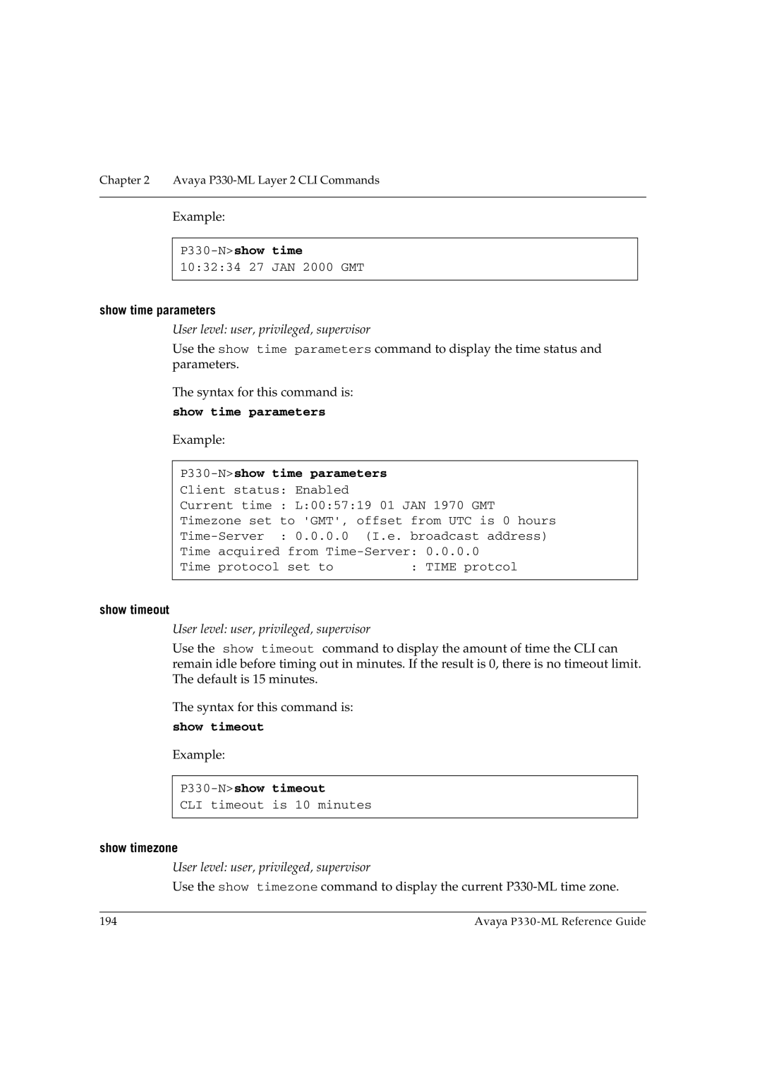 Avaya P330-ML-ML manual Show time parameters, P330-Nshow time parameters, Show timeout, P330-Nshow timeout 