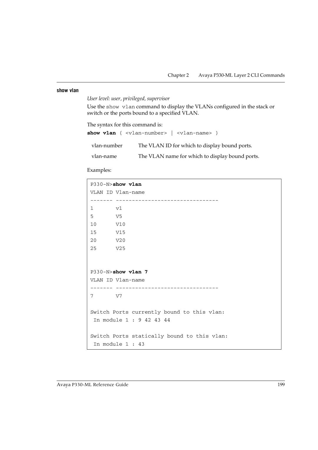 Avaya P330-ML-ML manual Show vlan, P330-Nshow vlan 