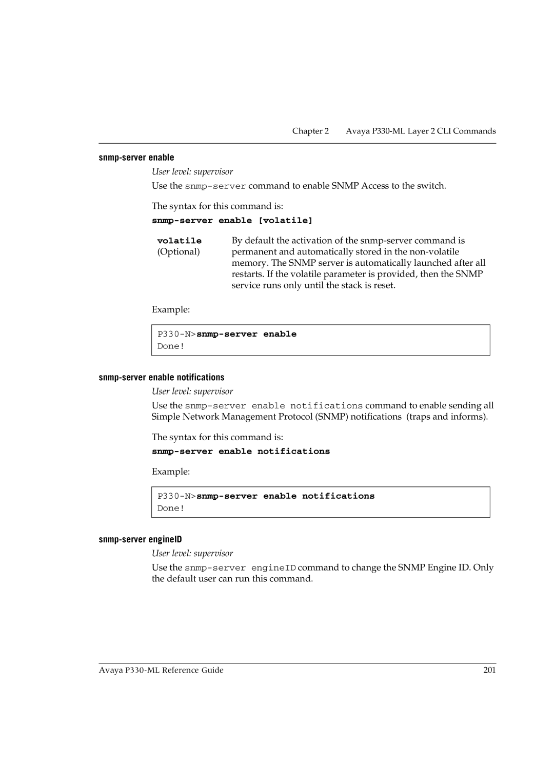 Avaya P330-ML-ML manual Snmp-server enable volatile, P330-Nsnmp-server enable, Snmp-server enable notifications 