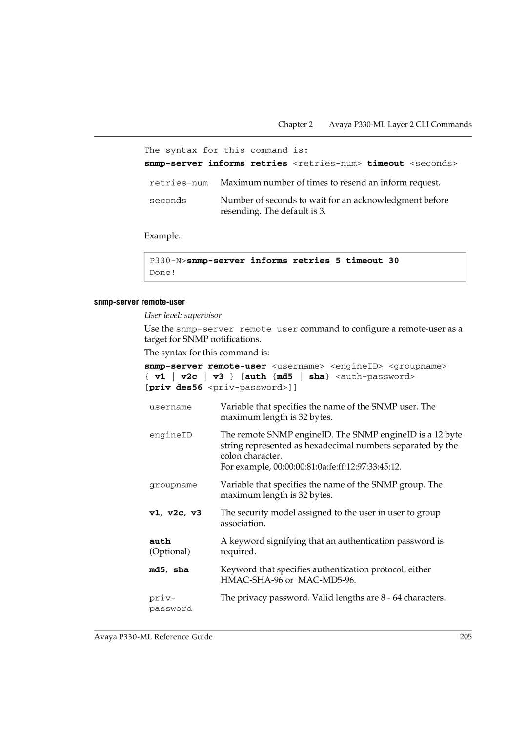 Avaya P330-ML-ML manual Snmp-server informs retries retries-numtimeout seconds, P330-Nsnmp-server informs retries 5 timeout 